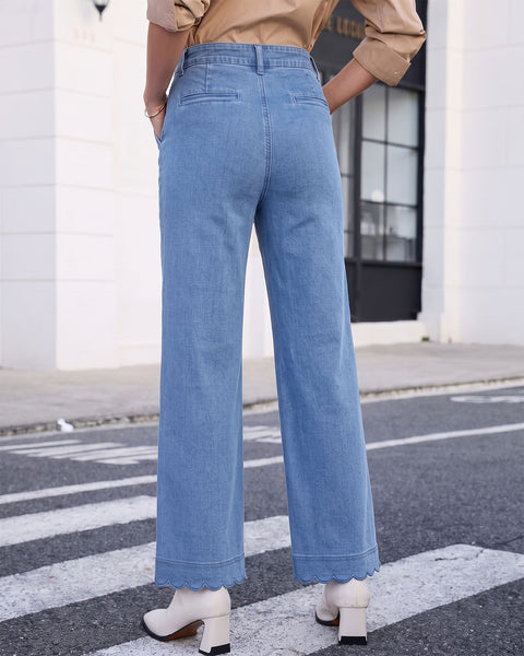 GRAPENT Jeans for Women Scalloped Straight Leg Ankle Stretchy Denim Pants | Straight Wide Leg Jeans, High Waisted, 27.5" Inseam, Patched Pockets, Cute Scalloped Design, Work Office, Dressy Casual Wear