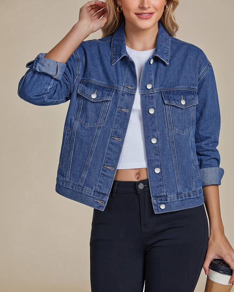 GRAPENT Jean Jacket Women Trendy Button Up Classic Oversized Denim Jackets Loose Fit, Side Seam Tabs for Adjustable Fit, Functional Pockets, Denim Trucker Jackets, Work Casual Oufits, Weekend Outings