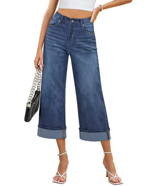 GRAPENT Wide Leg Jeans for Women High Waisted Stretchy Denim Capri Pants Fold Hem Cropped Baggy Capris Jeans with Pocket