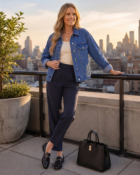 GRAPENT Jean Jacket Women Trendy Button Up Classic Oversized Denim Jackets Loose Fit, Side Seam Tabs for Adjustable Fit, Functional Pockets, Denim Trucker Jackets, Work Casual Oufits, Weekend Outings