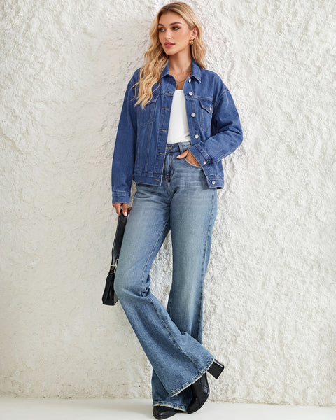 GRAPENT Jean Jacket Women Trendy Button Up Classic Oversized Denim Jackets Loose Fit, Side Seam Tabs for Adjustable Fit, Functional Pockets, Denim Trucker Jackets, Work Casual Oufits, Weekend Outings