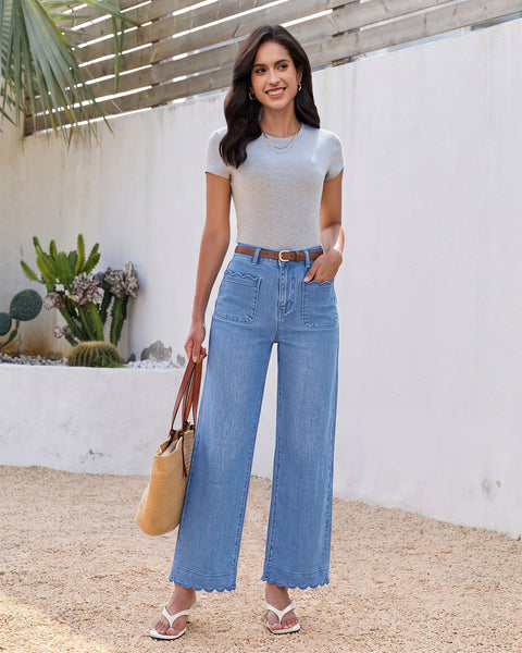 GRAPENT Jeans for Women Scalloped Straight Leg Ankle Stretchy Denim Pants | Straight Wide Leg Jeans, High Waisted, 27.5" Inseam, Patched Pockets, Cute Scalloped Design, Work Office, Dressy Casual Wear
