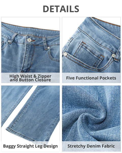GRAPENT Jeans for Women Trendy High Waisted Baggy Straight Leg Stretchy Denim Ankle Pants Cropped Jeans with Pockets