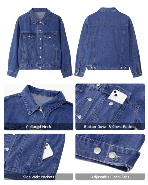 GRAPENT Jean Jacket Women Trendy Button Up Classic Oversized Denim Jackets Loose Fit, Side Seam Tabs for Adjustable Fit, Functional Pockets, Denim Trucker Jackets, Work Casual Oufits, Weekend Outings