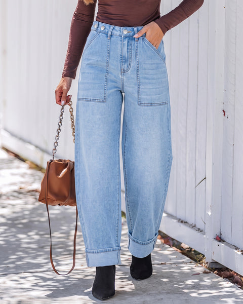 GRAPENT Barrel Jeans Women Cinched High Waisted Cuffed Stretchy Denim Pants Cropped Baggy Wide Leg Jeans, 27 Inch Inseam, Adjustable Cinched Waist, Big Pockets, Work Office Outfits, Casual Daily Wear
