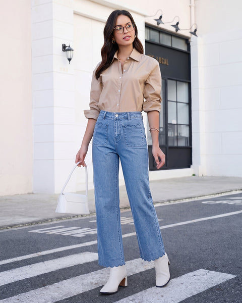 GRAPENT Jeans for Women Scalloped Straight Leg Ankle Stretchy Denim Pants | Straight Wide Leg Jeans, High Waisted, 27.5" Inseam, Patched Pockets, Cute Scalloped Design, Work Office, Dressy Casual Wear