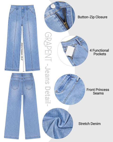 GRAPENT Womens Jeans Straight Leg High Rise Front Seam Stretch Denim Pants | Straight Wide Leg Jeans for Women, High Waisted, 29.5" Inseam, 4 Pockets, Loose Fit, Work Office Outfit, Casual Daily Wear
