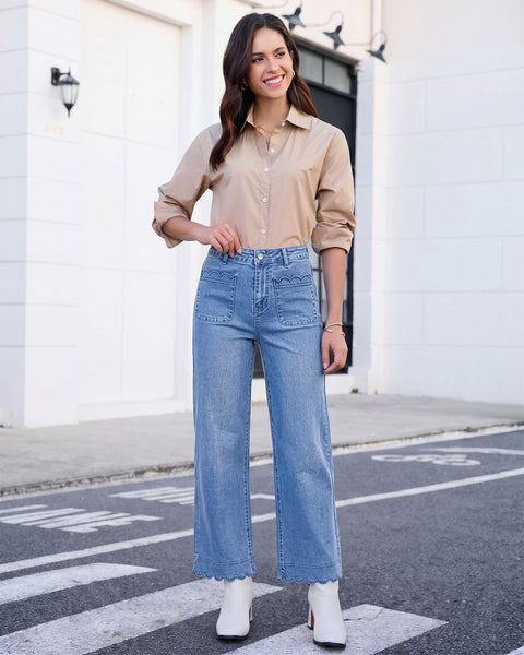 GRAPENT Jeans for Women Scalloped Straight Leg Ankle Stretchy Denim Pants | Straight Wide Leg Jeans, High Waisted, 27.5" Inseam, Patched Pockets, Cute Scalloped Design, Work Office, Dressy Casual Wear