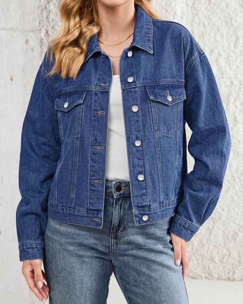 GRAPENT Jean Jacket Women Trendy Button Up Classic Oversized Denim Jackets Loose Fit, Side Seam Tabs for Adjustable Fit, Functional Pockets, Denim Trucker Jackets, Work Casual Oufits, Weekend Outings