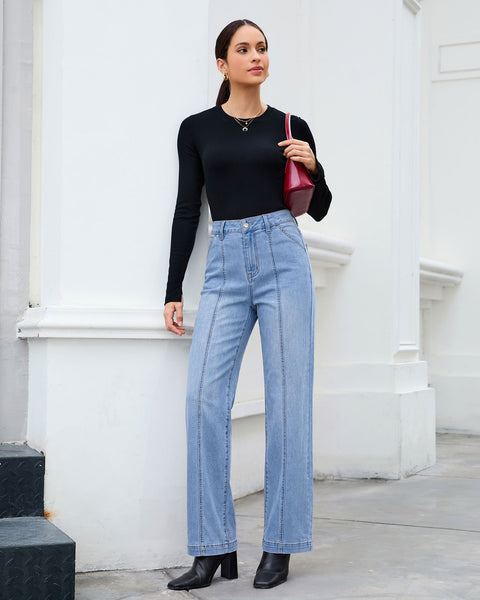 GRAPENT Womens Jeans Straight Leg High Rise Front Seam Stretch Denim Pants | Straight Wide Leg Jeans for Women, High Waisted, 29.5" Inseam, 4 Pockets, Loose Fit, Work Office Outfit, Casual Daily Wear