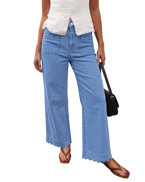 GRAPENT Jeans for Women Scalloped Straight Leg Ankle Stretchy Denim Pants | Straight Wide Leg Jeans, High Waisted, 27.5" Inseam, Patched Pockets, Cute Scalloped Design, Work Office, Dressy Casual Wear