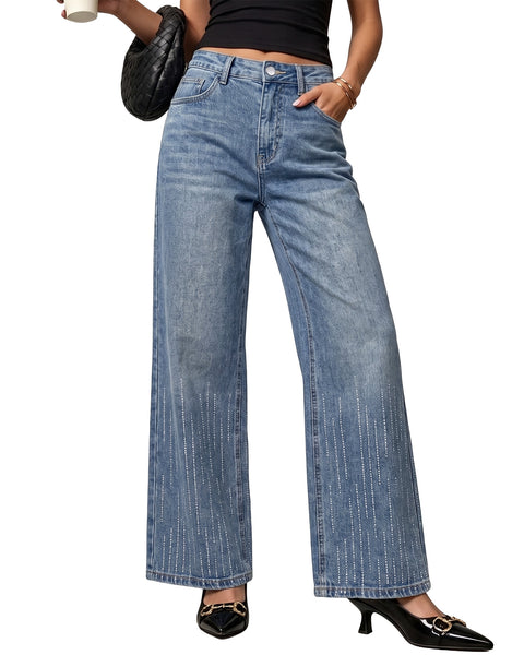 GRAPENT Rhinestone Jeans for Women High Waist Wide Leg Sparkly Denim Pants Womens Jeans Stretchy, High Rise Fit, Full Length, 29.5" Inseam, Embellished Rhinestone, Country Concert, Dressy Casual Wear