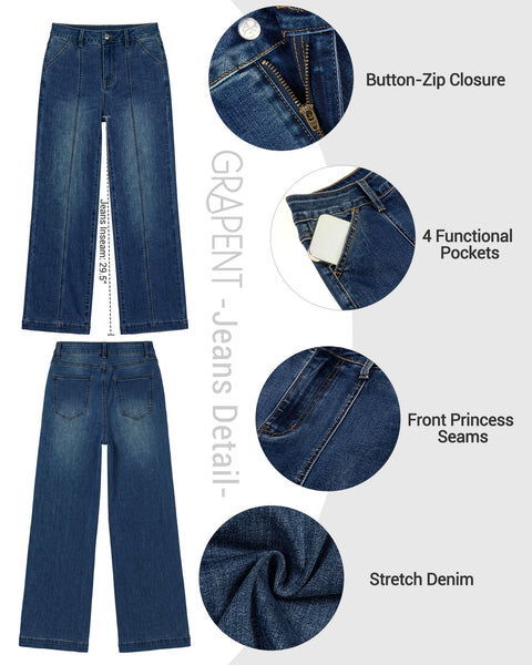GRAPENT Womens Jeans Straight Leg High Rise Front Seam Stretch Denim Pants | Straight Wide Leg Jeans for Women, High Waisted, 29.5" Inseam, 4 Pockets, Loose Fit, Work Office Outfit, Casual Daily Wear