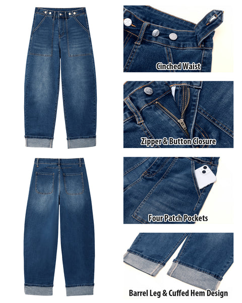 GRAPENT Barrel Jeans Women Cinched High Waisted Cuffed Stretchy Denim Pants Cropped Baggy Wide Leg Jeans, 27 Inch Inseam, Adjustable Cinched Waist, Big Pockets, Work Office Outfits, Casual Daily Wear