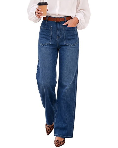 GRAPENT Womens Wide Leg Jeans High Waisted Stretch Denim Pants Patch Pocket | Effortless Wide Leg Silhouette, High Rise, 29.5 Inch Inseam, Full Length, Soft Stretch Denim, Jean Pants, Casual Work Outfits
