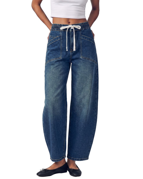 GRAPENT Barrel Jeans for Women High Waisted Elastic Waist Baggy Denim Pants | Barrel Leg, Ankle Length, Stretchy Drawstring Jeans, High Rise Fit, 27.5" Inseam, Front Patch Pockets, Dressy Casual Outfits