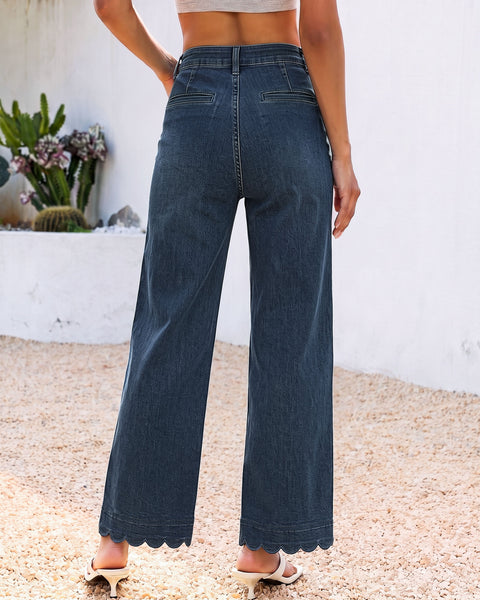 GRAPENT Jeans for Women Scalloped Straight Leg Ankle Stretchy Denim Pants | Straight Wide Leg Jeans, High Waisted, 27.5" Inseam, Patched Pockets, Cute Scalloped Design, Work Office, Dressy Casual Wear