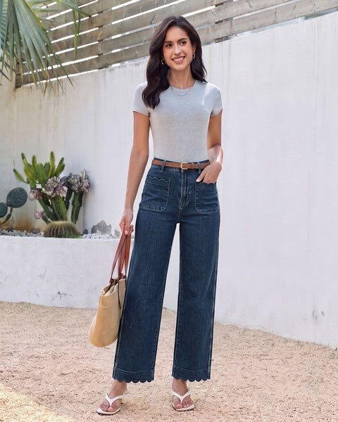 GRAPENT Jeans for Women Scalloped Straight Leg Ankle Stretchy Denim Pants | Straight Wide Leg Jeans, High Waisted, 27.5" Inseam, Patched Pockets, Cute Scalloped Design, Work Office, Dressy Casual Wear