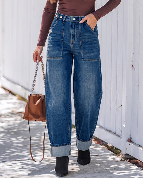 GRAPENT Barrel Jeans Women Cinched High Waisted Cuffed Stretchy Denim Pants Cropped Baggy Wide Leg Jeans, 27 Inch Inseam, Adjustable Cinched Waist, Big Pockets, Work Office Outfits, Casual Daily Wear