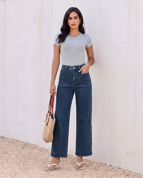 GRAPENT Jeans for Women Scalloped Straight Leg Ankle Stretchy Denim Pants | Straight Wide Leg Jeans, High Waisted, 27.5" Inseam, Patched Pockets, Cute Scalloped Design, Work Office, Dressy Casual Wear