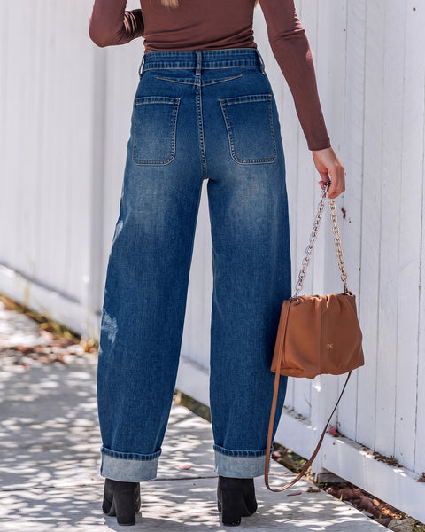 GRAPENT Barrel Jeans Women Cinched High Waisted Cuffed Stretchy Denim Pants Cropped Baggy Wide Leg Jeans, 27 Inch Inseam, Adjustable Cinched Waist, Big Pockets, Work Office Outfits, Casual Daily Wear