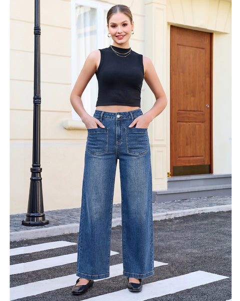 GRAPENT Womens Wide Leg Jeans High Waisted Stretch Denim Pants Patch Pocket | Effortless Wide Leg Silhouette, High Rise, 29.5 Inch Inseam, Full Length, Soft Stretch Denim, Jean Pants, Casual Work Outfits