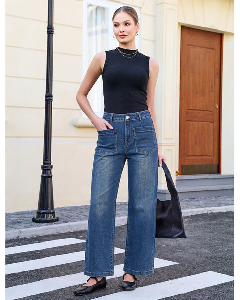 GRAPENT Womens Wide Leg Jeans High Waisted Stretch Denim Pants Patch Pocket | Effortless Wide Leg Silhouette, High Rise, 29.5 Inch Inseam, Full Length, Soft Stretch Denim, Jean Pants, Casual Work Outfits