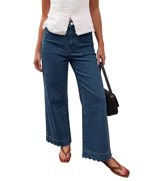 GRAPENT Jeans for Women Scalloped Straight Leg Ankle Stretchy Denim Pants | Straight Wide Leg Jeans, High Waisted, 27.5" Inseam, Patched Pockets, Cute Scalloped Design, Work Office, Dressy Casual Wear