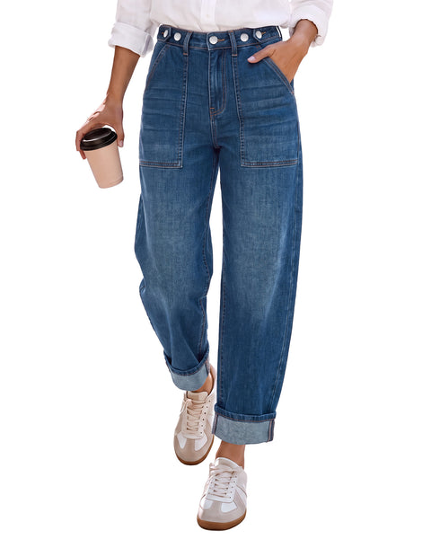 GRAPENT Barrel Jeans Women Cinched High Waisted Cuffed Stretchy Denim Pants Cropped Baggy Wide Leg Jeans, 27 Inch Inseam, Adjustable Cinched Waist, Big Pockets, Work Office Outfits, Casual Daily Wear