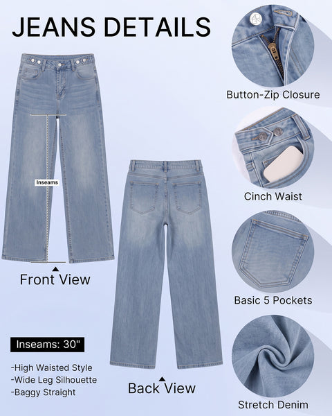 GRAPENT Jeans for Women Wide Leg High Rise Cinch-Waist Stretchy Denim Pants | High Waisted, Adjustable Waist, Full Length, 30'' Inseam, 90s Baggy Straight, Great for Everyday Wear, Dressy Casual Outifts