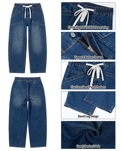 GRAPENT Barrel Jeans for Women High Waisted Elastic Waist Baggy Denim Pants | Barrel Leg, Ankle Length, Stretchy Drawstring Jeans, High Rise Fit, 27.5" Inseam, Front Patch Pockets, Dressy Casual Outfits