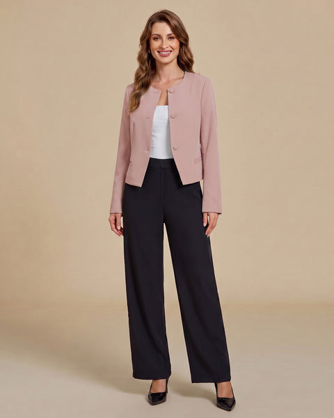 GRAPENT Cropped Blazers for Women Business Casual Collarless Blazer Jackets Collarless Round Neck, Long Sleeve, Crop Length, Shoulder Pads, Button-Front, Casual Suit Jacket, Dressy Casual, Work Office