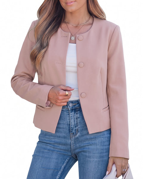 GRAPENT Cropped Blazers for Women Business Casual Collarless Blazer Jackets Collarless Round Neck, Long Sleeve, Crop Length, Shoulder Pads, Button-Front, Casual Suit Jacket, Dressy Casual, Work Office