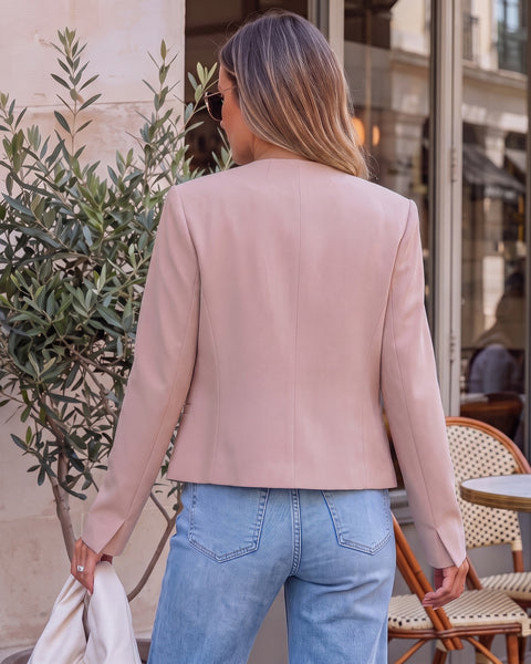 GRAPENT Cropped Blazers for Women Business Casual Collarless Blazer Jackets Collarless Round Neck, Long Sleeve, Crop Length, Shoulder Pads, Button-Front, Casual Suit Jacket, Dressy Casual, Work Office