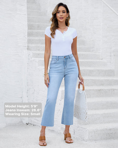 GRAPENT Women's High Waisted Flared Cropped Jeans Raw Hem Denim Pants