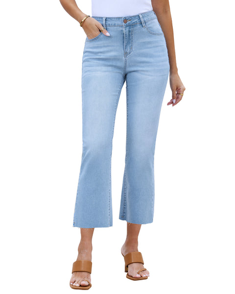 GRAPENT Women's High Waisted Flared Cropped Jeans Raw Hem Denim Pants
