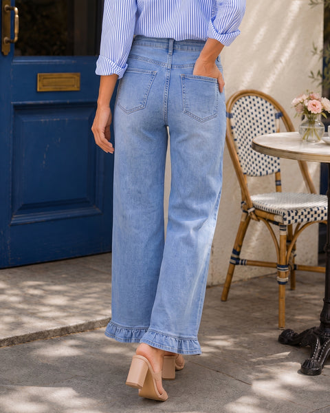 GRAPENT Wide Leg Jeans for Women Ruffle Hem High Waisted Ankle Denim Pants | Trendy Baggy Jeans, Stretch Denim, High Rise Fit, Cropped Jean Pants, 27.5 Inch Inseam, Flattering Ruffle Hem, Weekend Casual