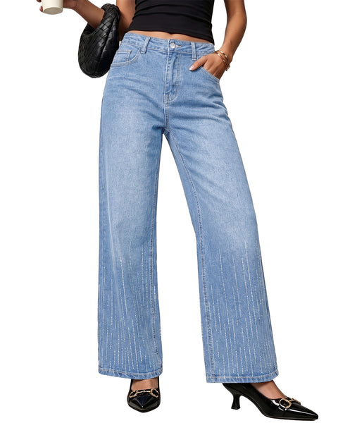 GRAPENT Rhinestone Jeans for Women High Waist Wide Leg Sparkly Denim Pants Womens Jeans Stretchy, High Rise Fit, Full Length, 29.5" Inseam, Embellished Rhinestone, Country Concert, Dressy Casual Wear