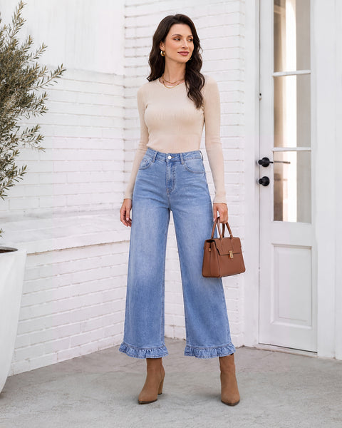 GRAPENT Wide Leg Jeans for Women Ruffle Hem High Waisted Ankle Denim Pants | Trendy Baggy Jeans, Stretch Denim, High Rise Fit, Cropped Jean Pants, 27.5 Inch Inseam, Flattering Ruffle Hem, Weekend Casual