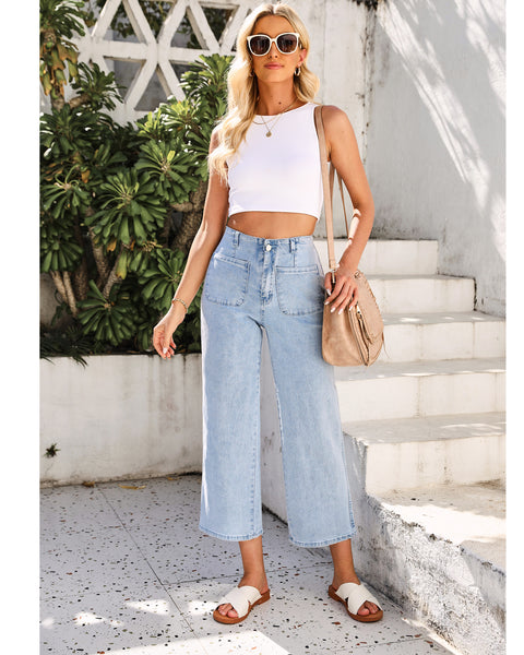 GRAPENT Wide Leg Jeans for Women High Waisted Straight Leg Stretchy Cropped Denim Pants with Pockets Jean Trousers