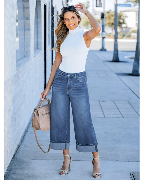 GRAPENT Wide Leg Jeans for Women High Waisted Stretchy Denim Capri Pants Fold Hem Cropped Baggy Capris Jeans with Pocket