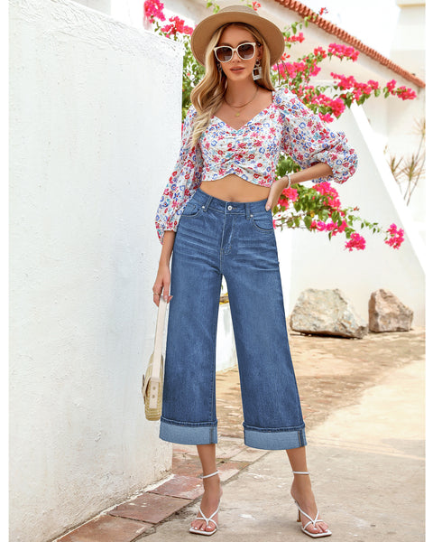 GRAPENT Wide Leg Jeans for Women High Waisted Stretchy Denim Capri Pants Fold Hem Cropped Baggy Capris Jeans with Pocket