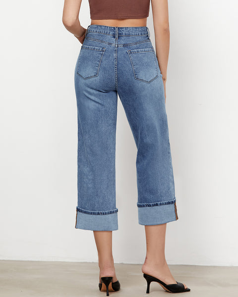 GRAPENT Wide Leg Jeans for Women High Waisted Stretchy Denim Capri Pants Fold Hem Cropped Baggy Capris Jeans with Pocket