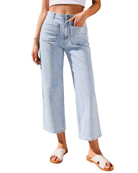 GRAPENT Wide Leg Jeans for Women High Waisted Straight Leg Stretchy Cropped Denim Pants with Pockets Jean Trousers