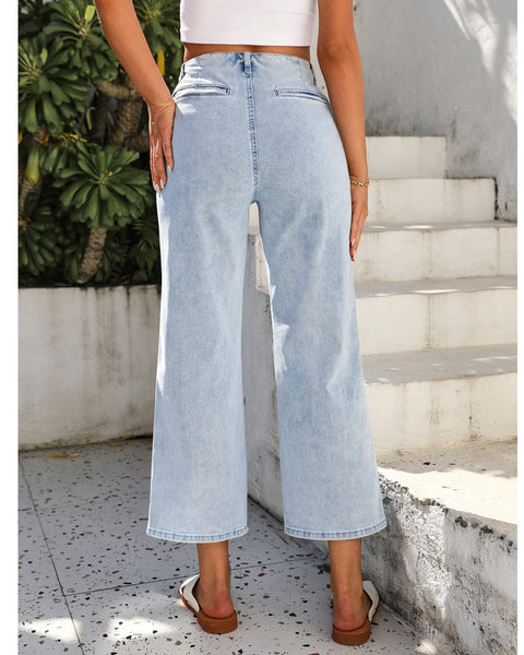GRAPENT Wide Leg Jeans for Women High Waisted Straight Leg Stretchy Cropped Denim Pants with Pockets Jean Trousers