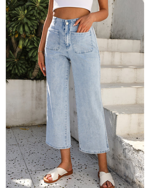 GRAPENT Wide Leg Jeans for Women High Waisted Straight Leg Stretchy Cropped Denim Pants with Pockets Jean Trousers