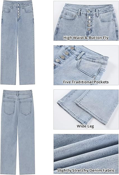 GRAPENT Wide Leg Jeans for Women High Waisted Trendy Button Fly Stretchy Denim Pants Vintage Straight Leg Trouser Jeans
