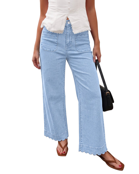 GRAPENT Jeans for Women Scalloped Straight Leg Ankle Stretchy Denim Pants | Straight Wide Leg Jeans, High Waisted, 27.5" Inseam, Patched Pockets, Cute Scalloped Design, Work Office, Dressy Casual Wear