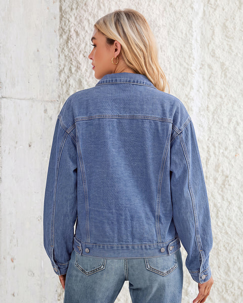 GRAPENT Jean Jacket Women Trendy Button Up Classic Oversized Denim Jackets Loose Fit, Side Seam Tabs for Adjustable Fit, Functional Pockets, Denim Trucker Jackets, Work Casual Oufits, Weekend Outings