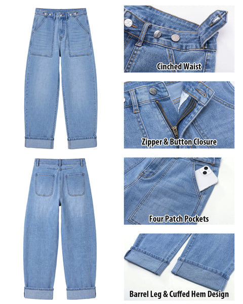 GRAPENT Barrel Jeans Women Cinched High Waisted Cuffed Stretchy Denim Pants Cropped Baggy Wide Leg Jeans, 27 Inch Inseam, Adjustable Cinched Waist, Big Pockets, Work Office Outfits, Casual Daily Wear